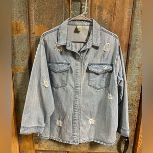 Jaded Gypsy Denim Distressed Snap Front Shirt Jacket S/M Louis Vuitton Patch